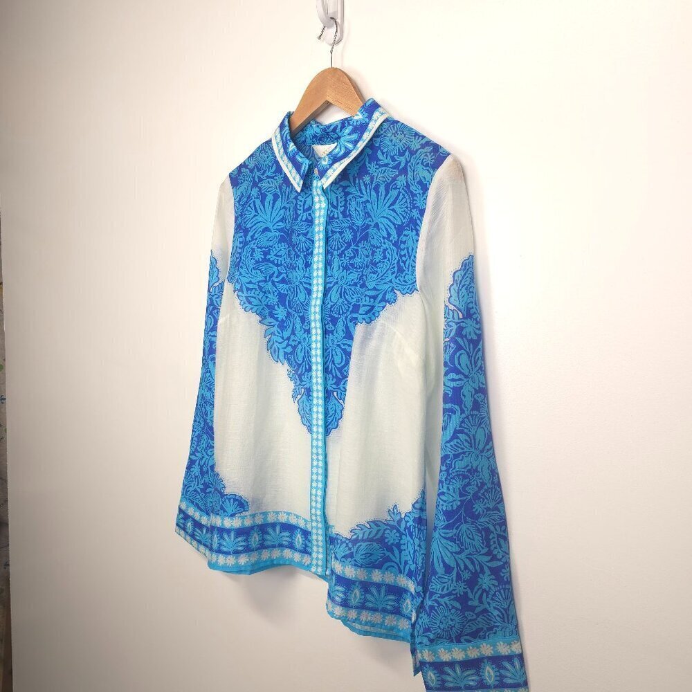 Lilly Pulitzer Breeze Aqua Jungle Escape Engineered Woven Kiran Button Down Top - Picture 6 of 10